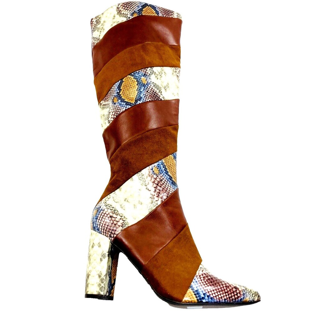 Baxboo Boots Suede Faux Snake Patchwork Knee High Zip 8.5 40 Bellflower Brown